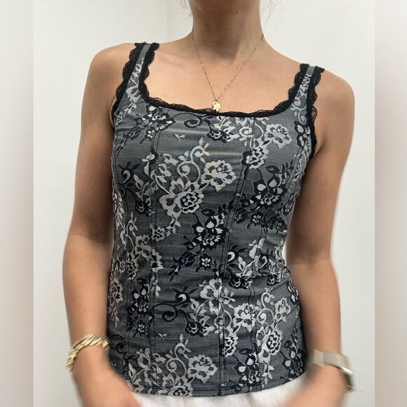 Y2K WHBM Gray Baroque Floral Corset Fitted Tank Lace Trim Cami Size S - Picture 2 of 9